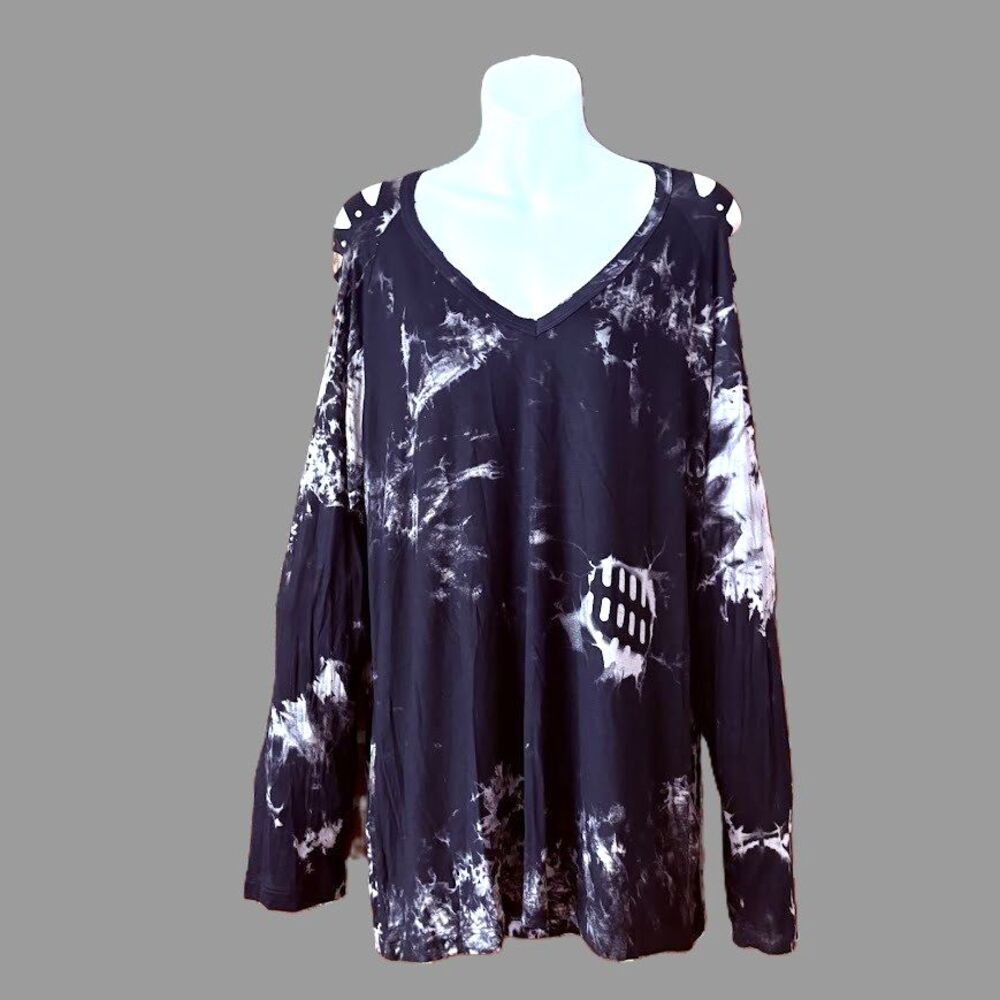 VOCAL 2X Black White Marble Print Cold Shoulder Long Sleeve Tunic Top Goth